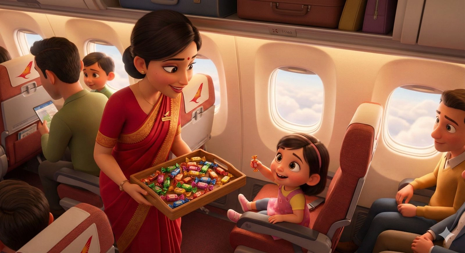Air India Stewardess offering a toffee to the child Avantika on her flight to Delhi to Guwahati